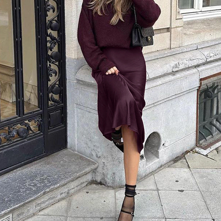 Women's Fashion Pure Color Minimal Versatile High Waist Long Skirt