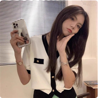 Classic Style Color Matching Ice Silk Short-style Loose Slimming Knitted Thin Top