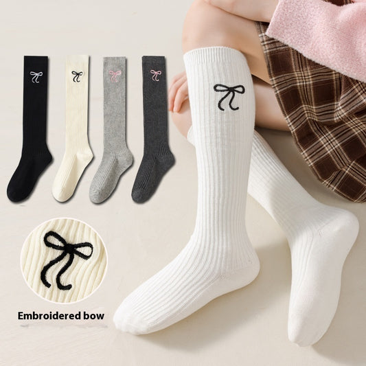 Bowknot Embroidery Stockings Preppy Style Calf Socks Children's High-top Cotton Socks