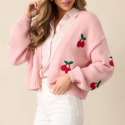 Cherry Embroidery Women's Sweater Cardigan Elegant