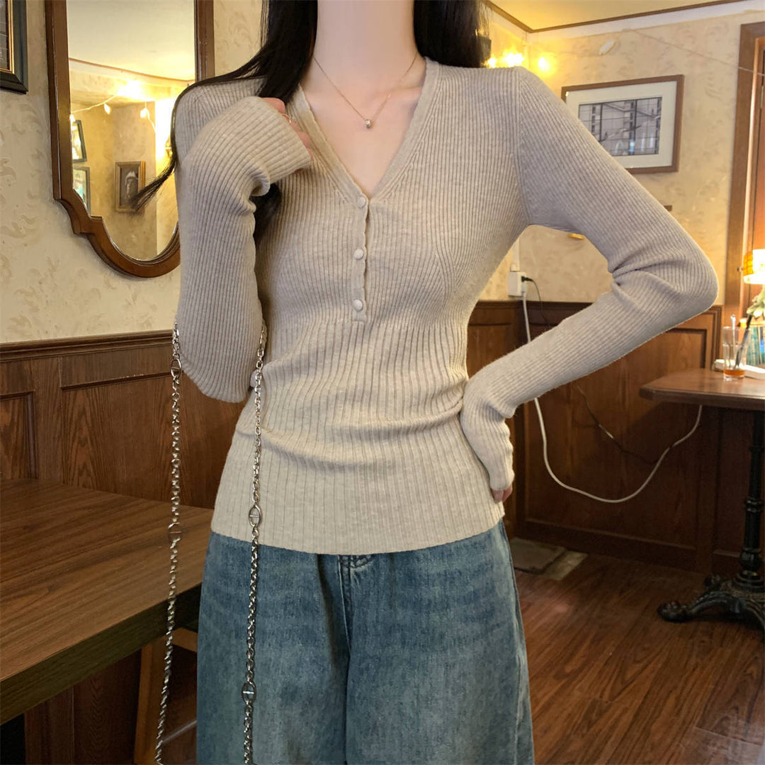 Waist-tight Slimming V-neckline Long-sleeved Women's Temperament Commute Pure Sweater
