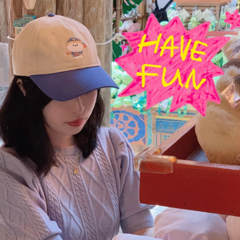 Cartoon Embroidery Big Head Circumference Color Matching Sun-proof Peaked Cap