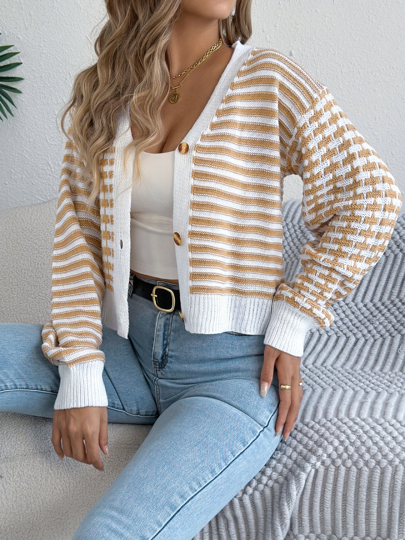 Striped Lantern Long Sleeve Cardigan Sweater Short Coat