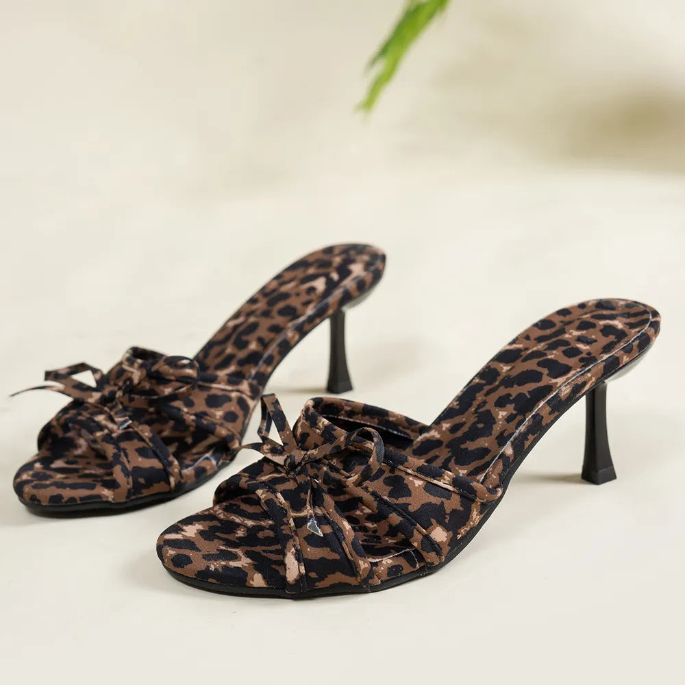 Fashionable high-heeled leopard print bow fashionable high-heeled slippers for women