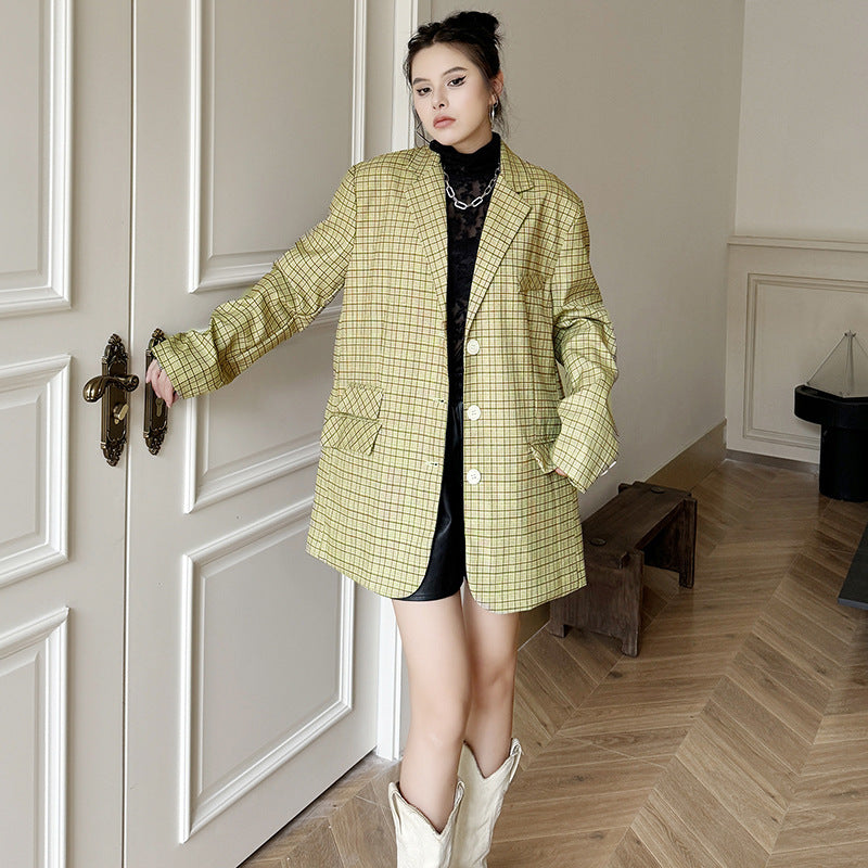Refined Elegance Loose Fit Plaid Suit Jacket