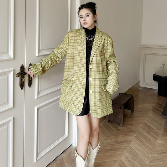 Refined Elegance Loose Fit Plaid Suit Jacket