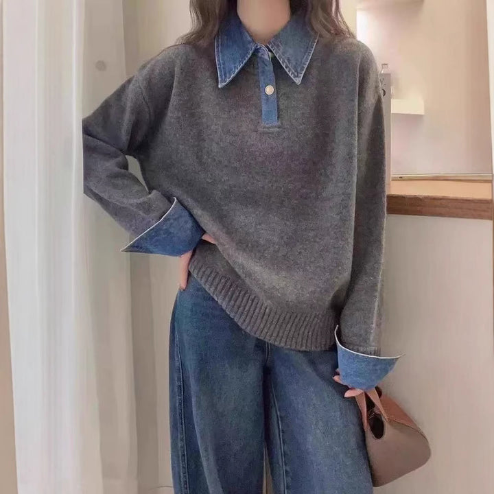 Stand collar denim cardigan