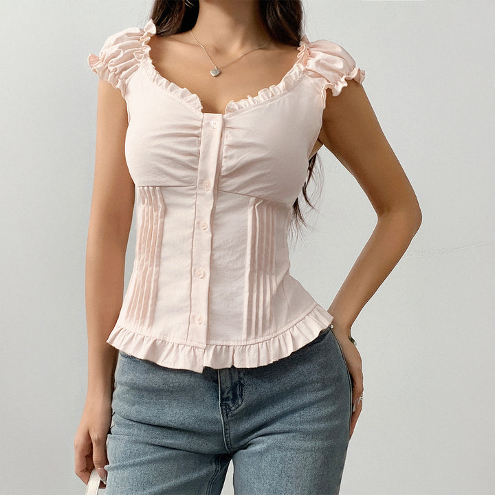 Hot Girl Style Summer Short Sleeve Wooden Ear Vest Women's Clothing