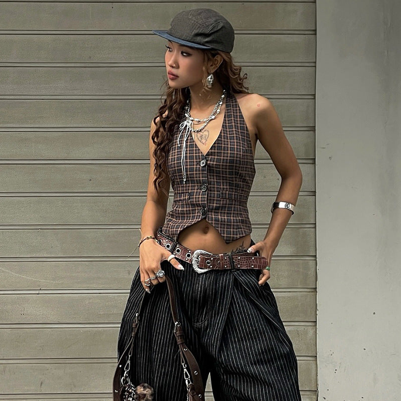 Vintage Plaid Cardigan Button Halterneck Vest Top