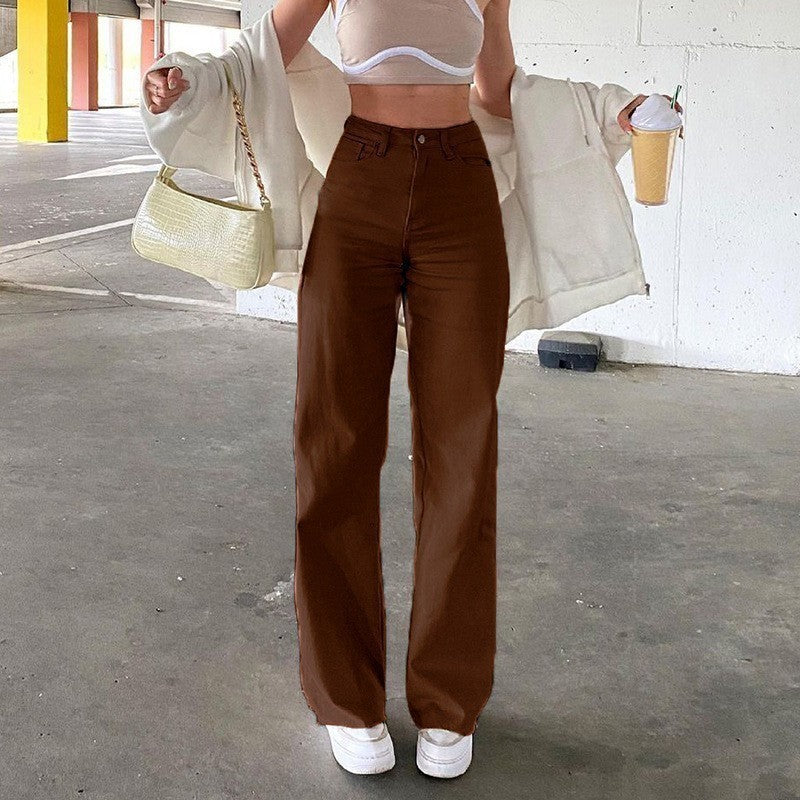 High Waist Slim Straight Denim Trousers