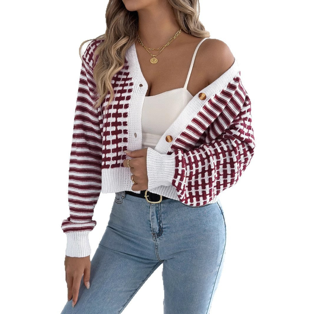 Striped Lantern Long Sleeve Cardigan Sweater Short Coat