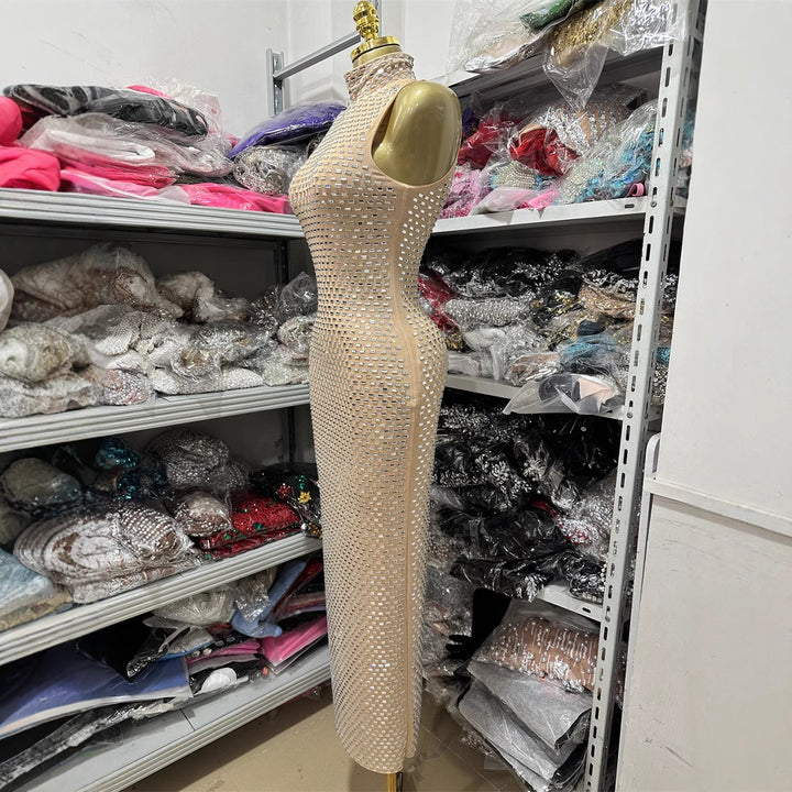 Shiny Diamond Micro-Sexy Halter Sleeveless Casual Beaded Fitted Long Bodycon Party Dress for Women