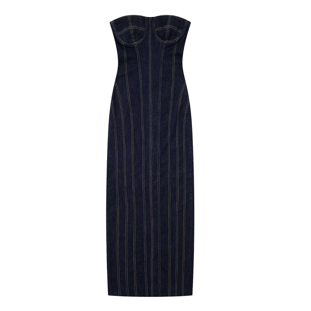 Sexy Autumn Winter Denim Sheath Midi Party Dress Women Y2K Jeans Tube Backless Bodycon Evening Dress Vestidos