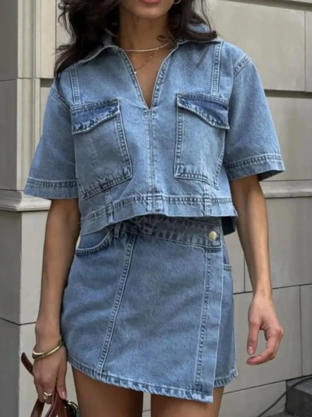 Collar Short Sleeve Top and Skort Denim Set