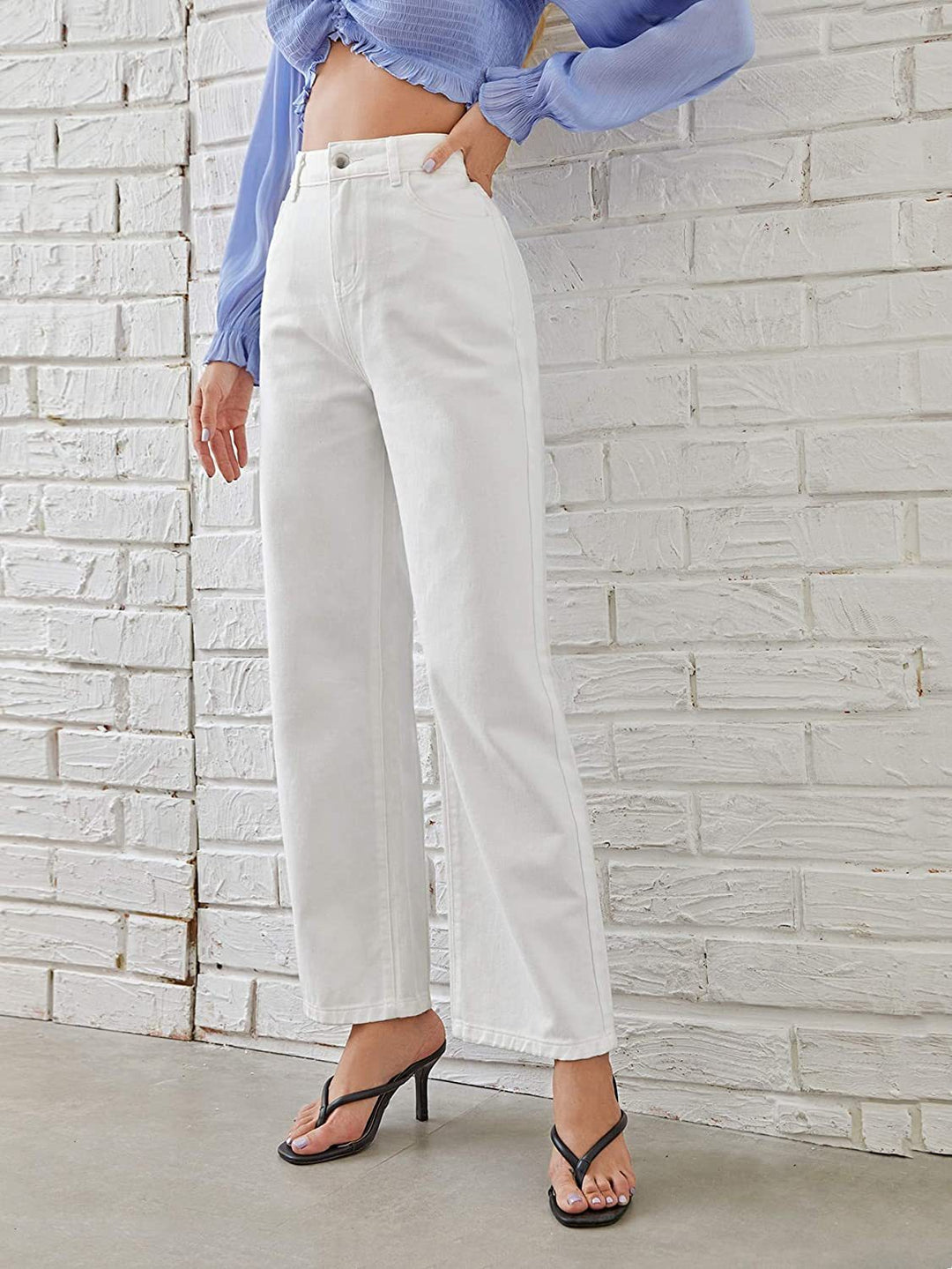 High Waist Slim Straight Denim Trousers