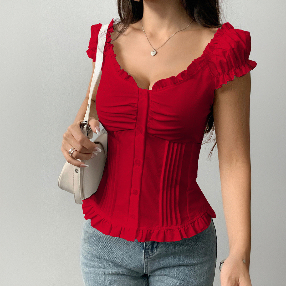 Hot Girl Style Summer Short Sleeve Wooden Ear Vest Women's Clothing