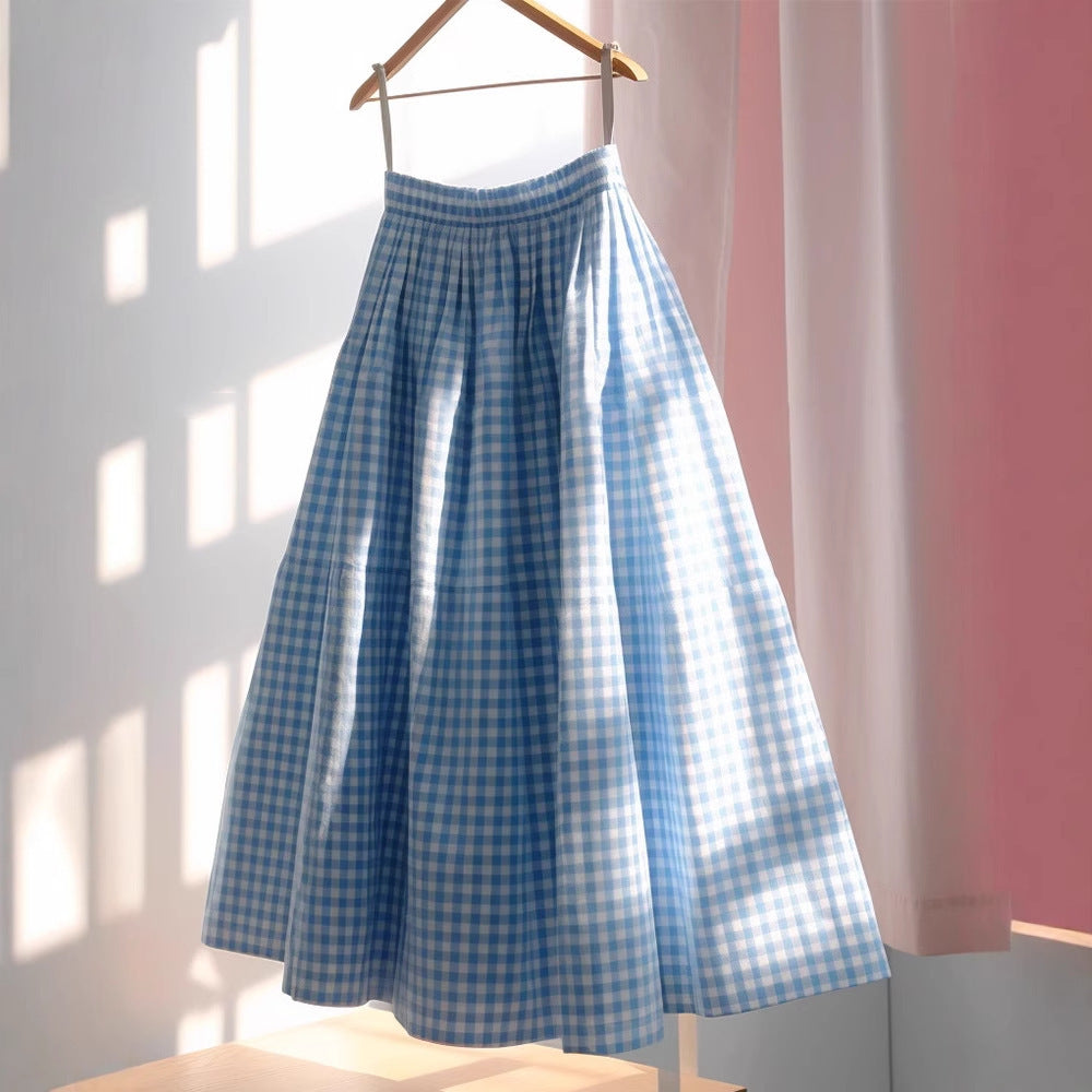 Women's Versatile French High Waisted A-line Plaid Linen Skirt