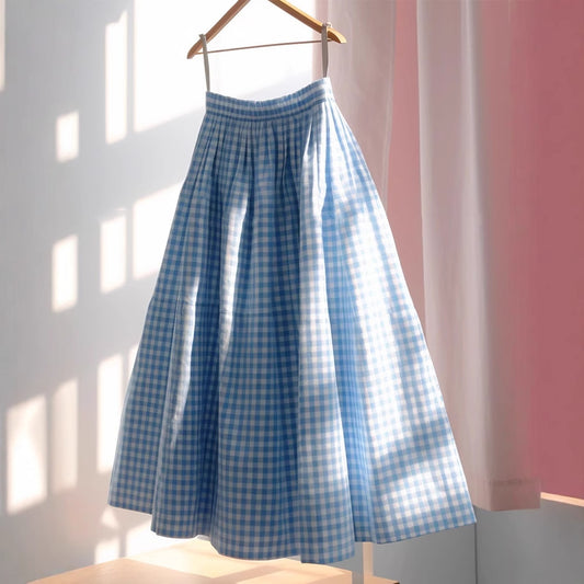 Women's Versatile French High Waisted A-line Plaid Linen Skirt