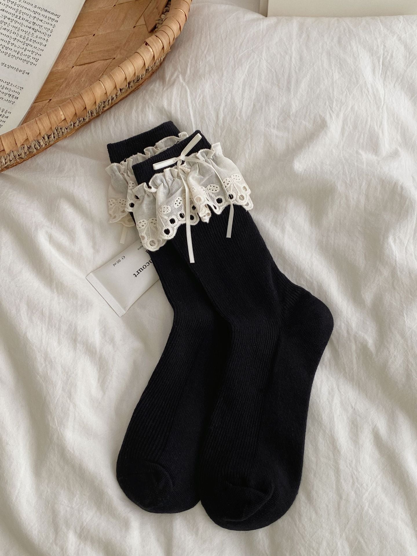 Ins Ballet Style Blogger Same Style Tube Socks Hollow Cherry Lace Bow Socks Japanese JK Girl Bunching Socks