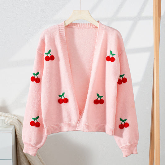 Cherry Embroidery Women's Sweater Cardigan Elegant