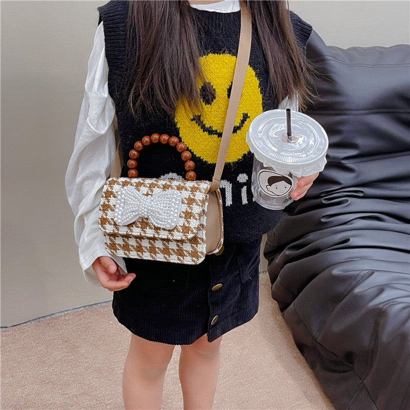 Brown Plaid Crossbody Bag Pearl Tote