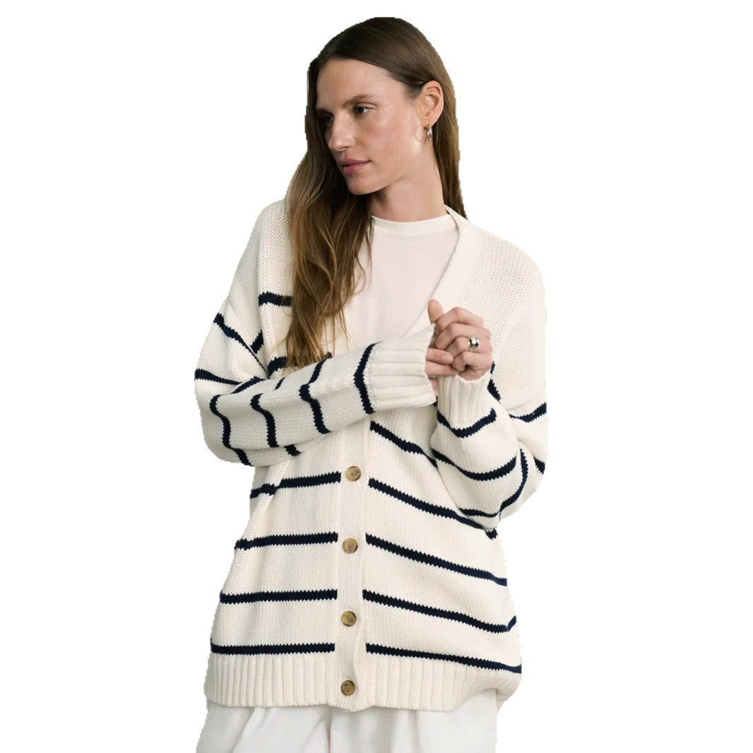 Women's Striped Knitted V-neck Cotton Striped Sweater