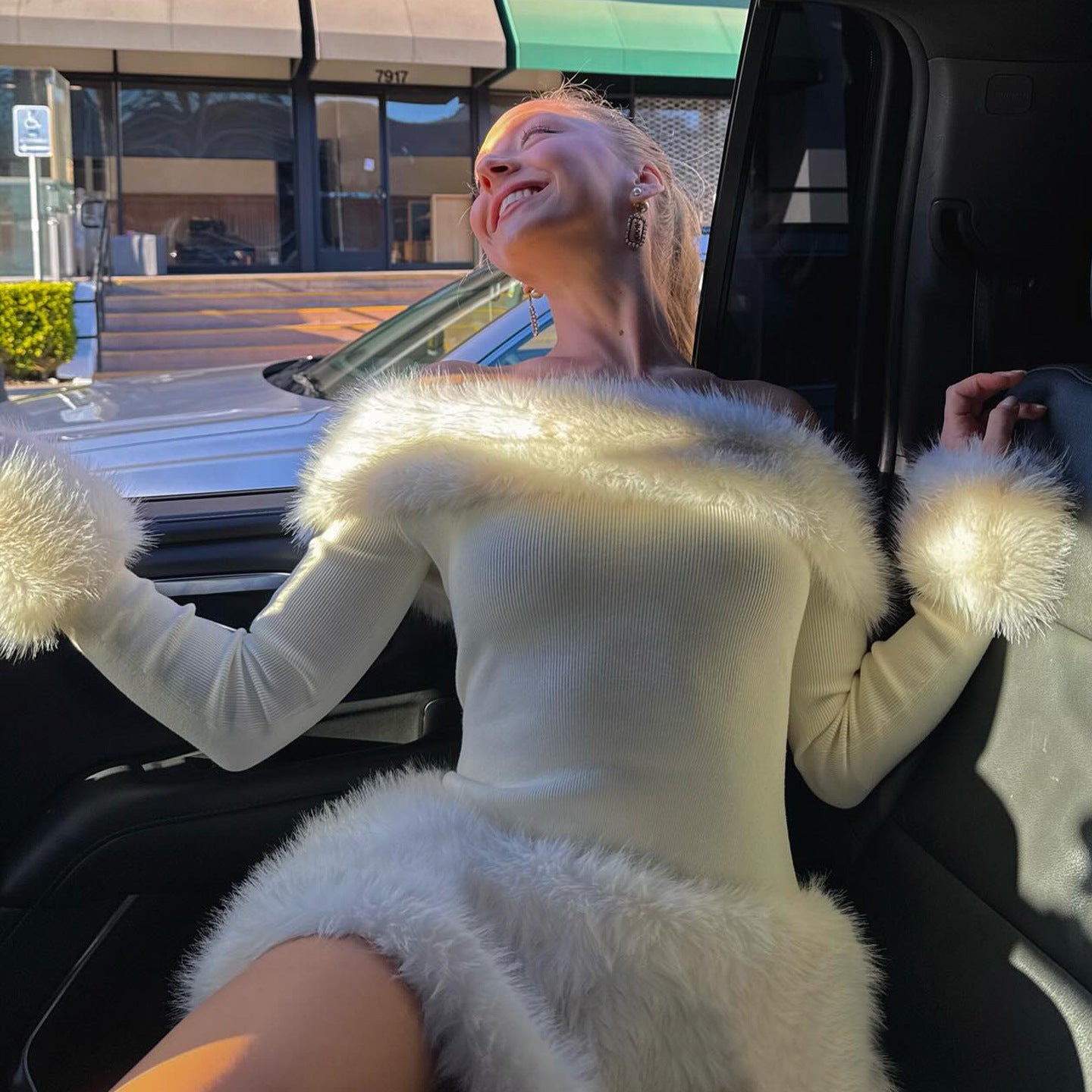 One-Shoulder Fur Knit Dress