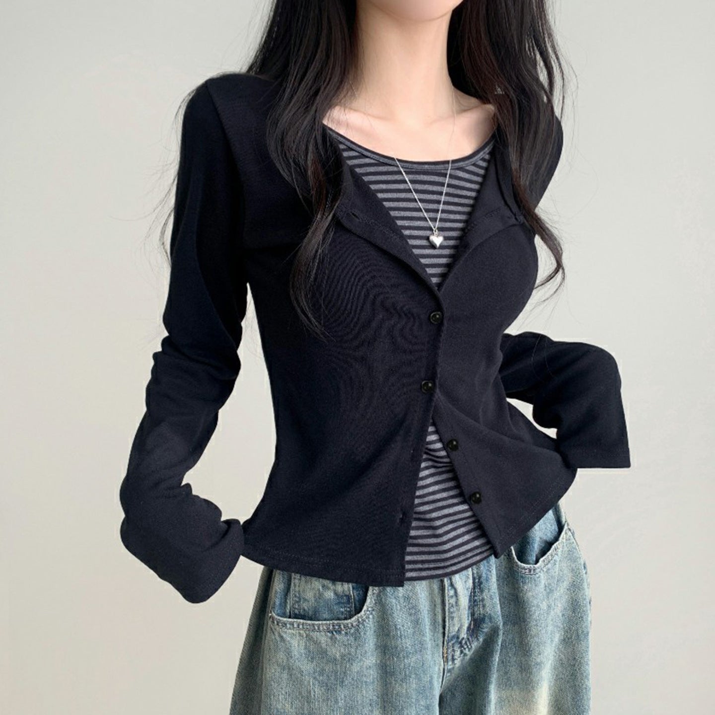 Striped Breasted Fake Two Pieces Leisure Slim Fit Slimming Top