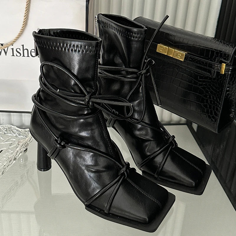 Female Square Toe Red Shoes Ladies Modern Boots With Round Heels Fashion Cross-tied Footwear Stretch Women Ankle Boots Shoes