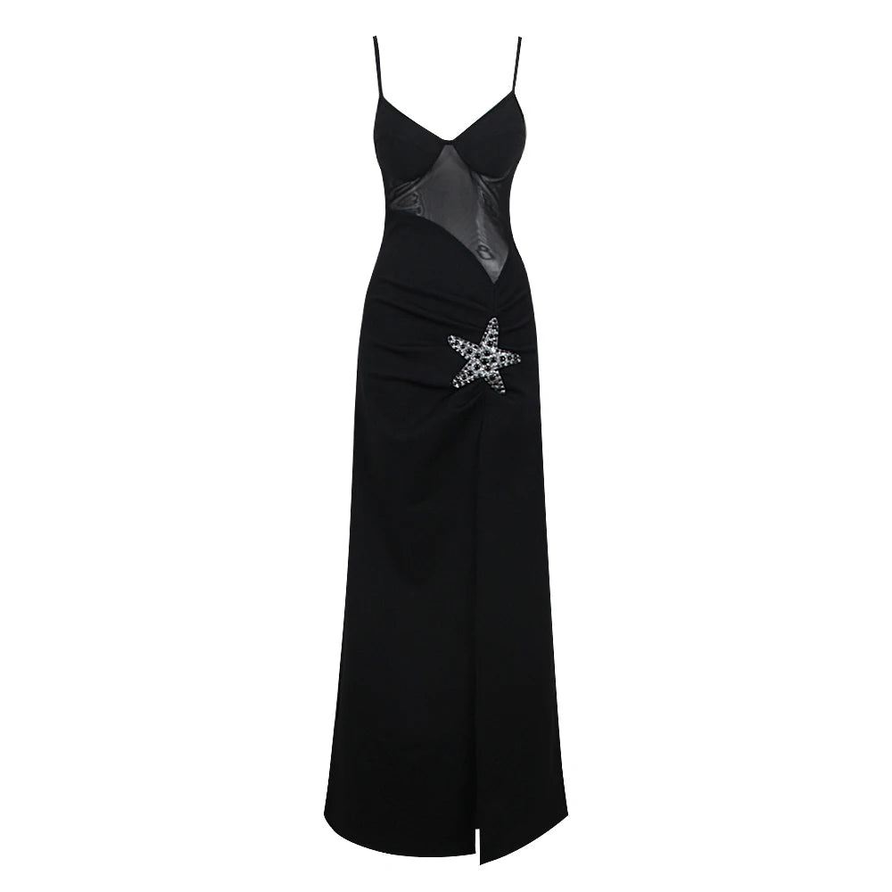Women'S Sexy Spaghetti Strap Nude Mesh Patchwork Black Bandage Starfish Decoration High Split Maxi Long Party Dress