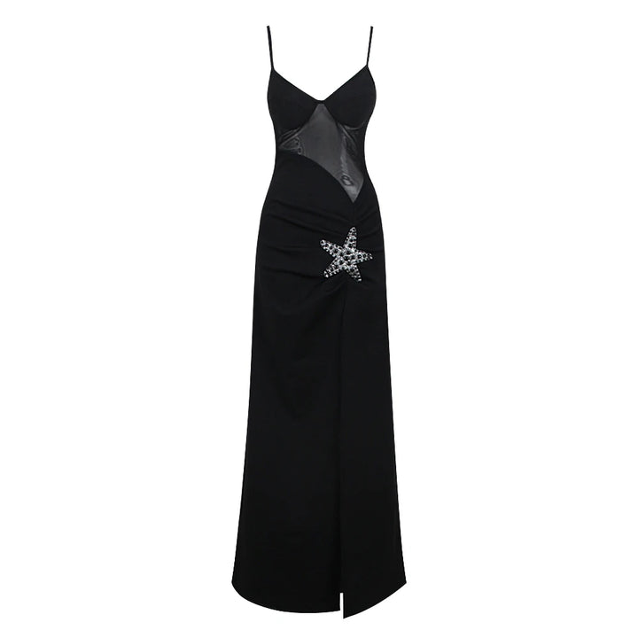 Women'S Sexy Spaghetti Strap Nude Mesh Patchwork Black Bandage Starfish Decoration High Split Maxi Long Party Dress