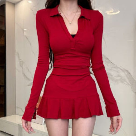 V-neck Fitted Waist Bottoming Shirt Top Women's High Waist Skirt Outfit