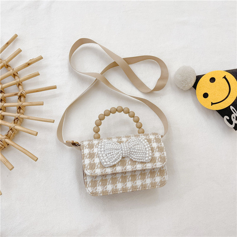 Brown Plaid Crossbody Bag Pearl Tote