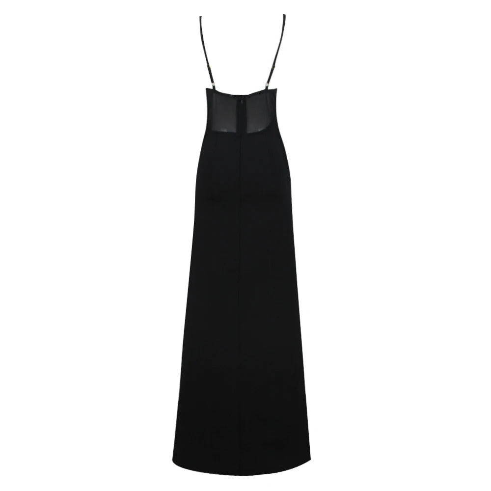 Women'S Sexy Spaghetti Strap Nude Mesh Patchwork Black Bandage Starfish Decoration High Split Maxi Long Party Dress