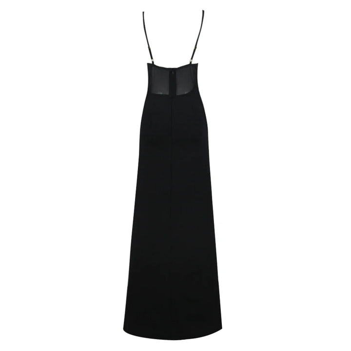 Women'S Sexy Spaghetti Strap Nude Mesh Patchwork Black Bandage Starfish Decoration High Split Maxi Long Party Dress