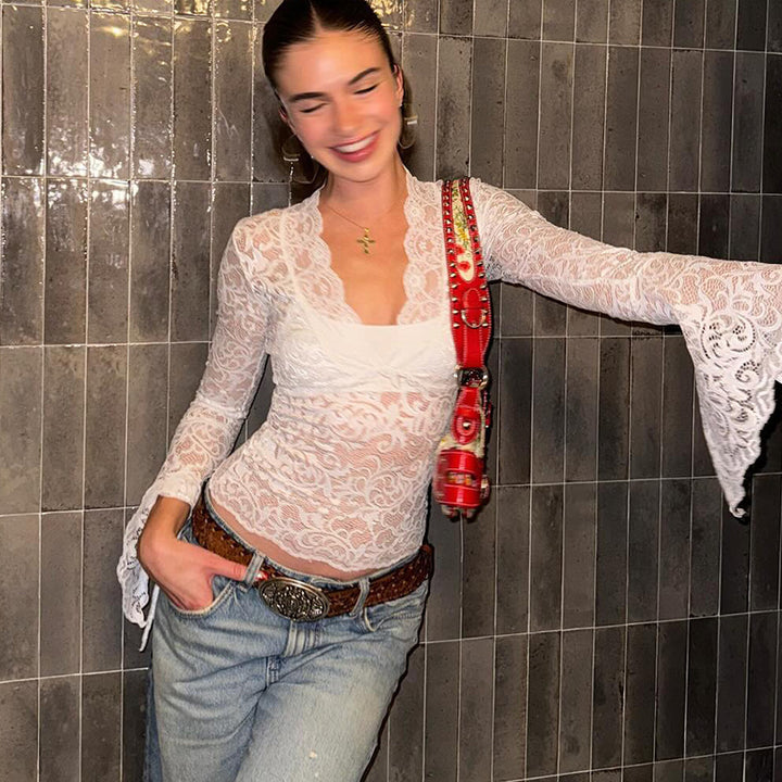 Sexy Deep V Neck Slim Fit Cropped Long Sleeve Blouse With Lace Trim - Floral Print Women's Tops For Fashionable Outfits