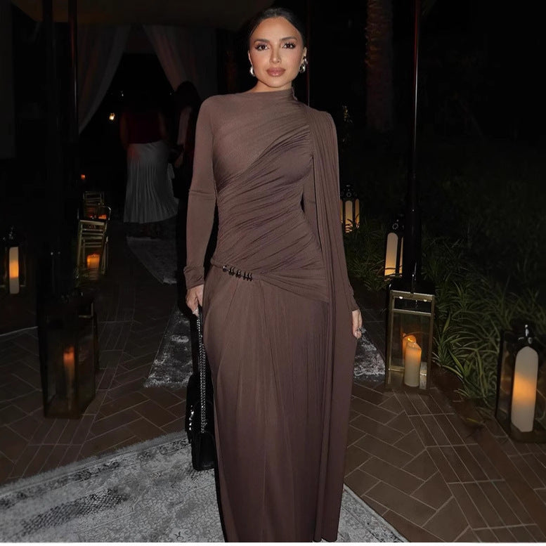 Solid Color Slim Fit Pleated Long Sleeve Dress