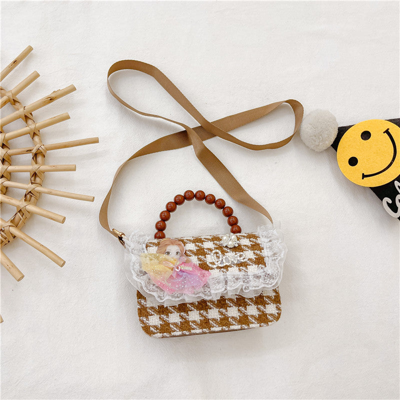 Brown Plaid Crossbody Bag Pearl Tote