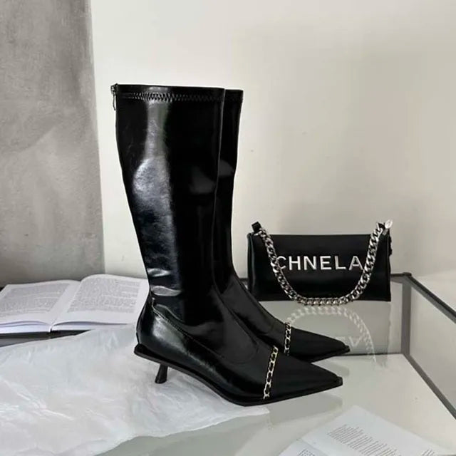 Pointed Toe Women Knee High Boots Black White Sock Booties Thin Mid Heels   New Arrivals Ladies Party Pumps Dress Shoes Woman