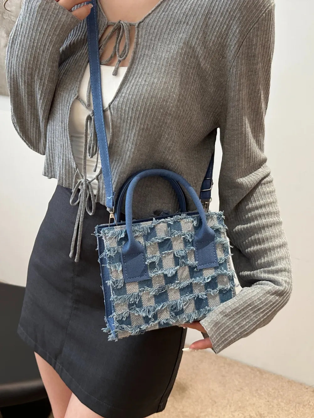Raw Hem Checkered Denim Handbag