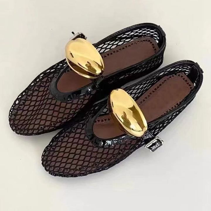 Chic Round Cowhide with Mesh Detail Ballet Shoes