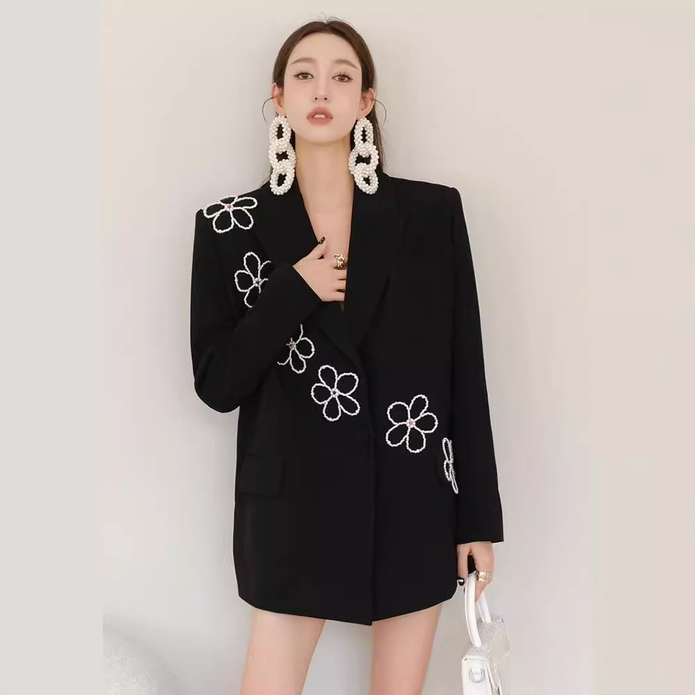 Elegant Bloom Black Pearl Flower Blazer