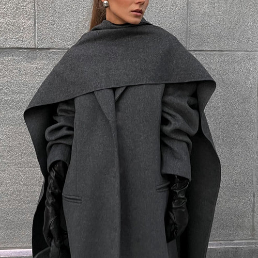 Heritage Chic Gray Scarf Collar Cloak Coat