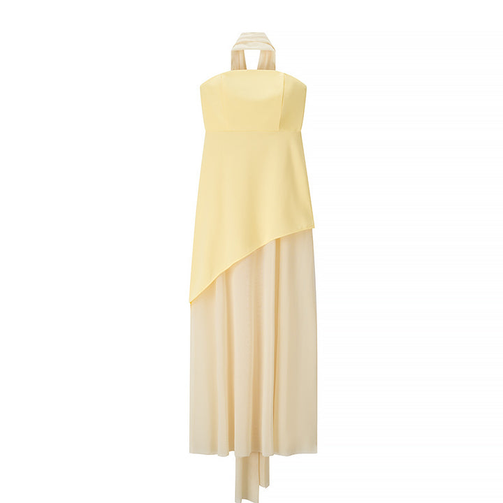 Women's Clothing Tube Top Mesh Splicing Hem Dress Sexy Solid Color