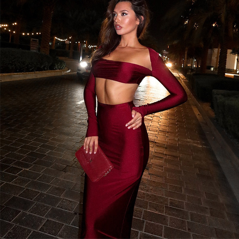Burgundy Long Sleeve Crop Top & Bodycon Skirt