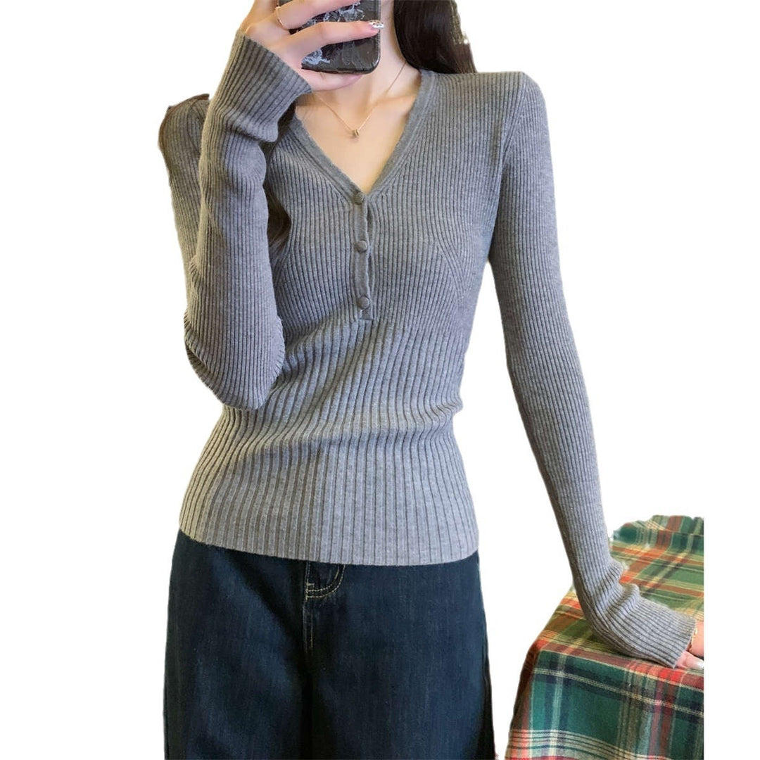 Waist-tight Slimming V-neckline Long-sleeved Women's Temperament Commute Pure Sweater
