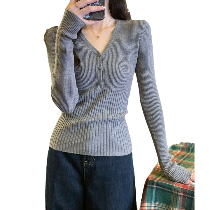 Waist-tight Slimming V-neckline Long-sleeved Women's Temperament Commute Pure Sweater