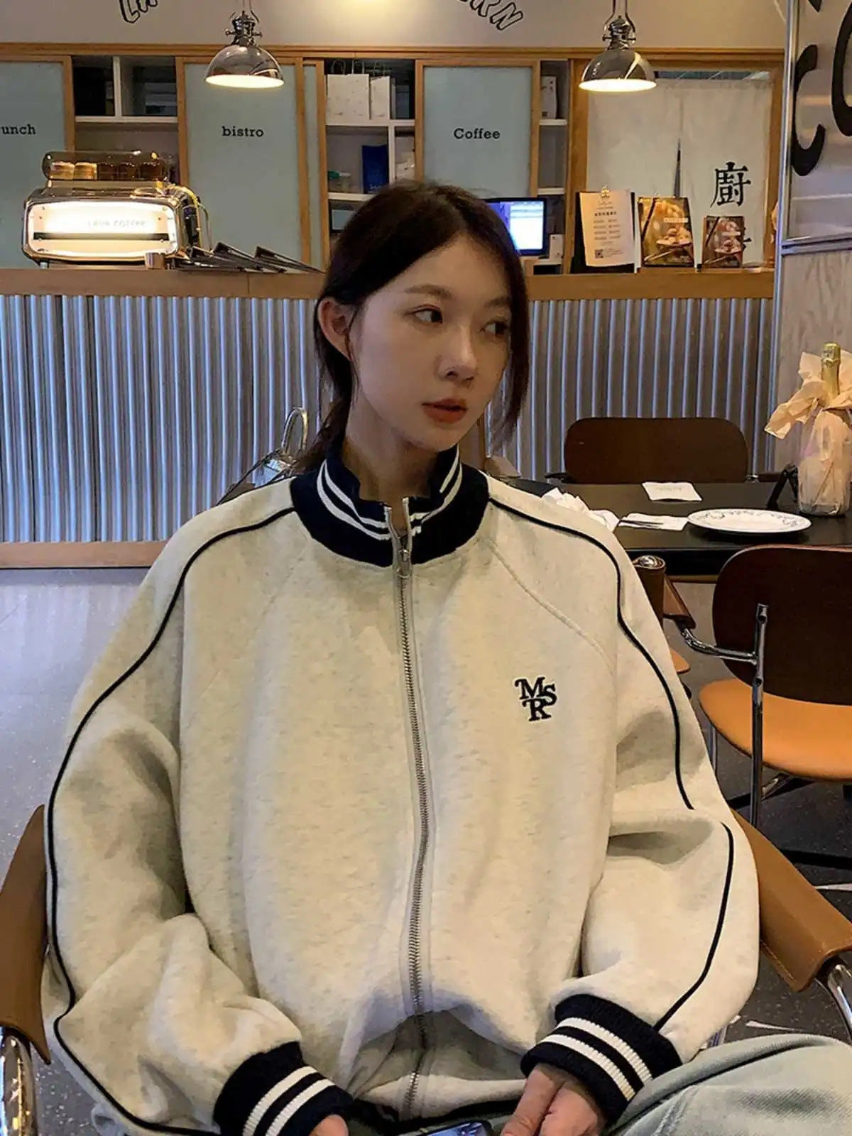 Contrast Color Striped Stand Collar Loose Preppy Style Leisure Sports Sweater Coat