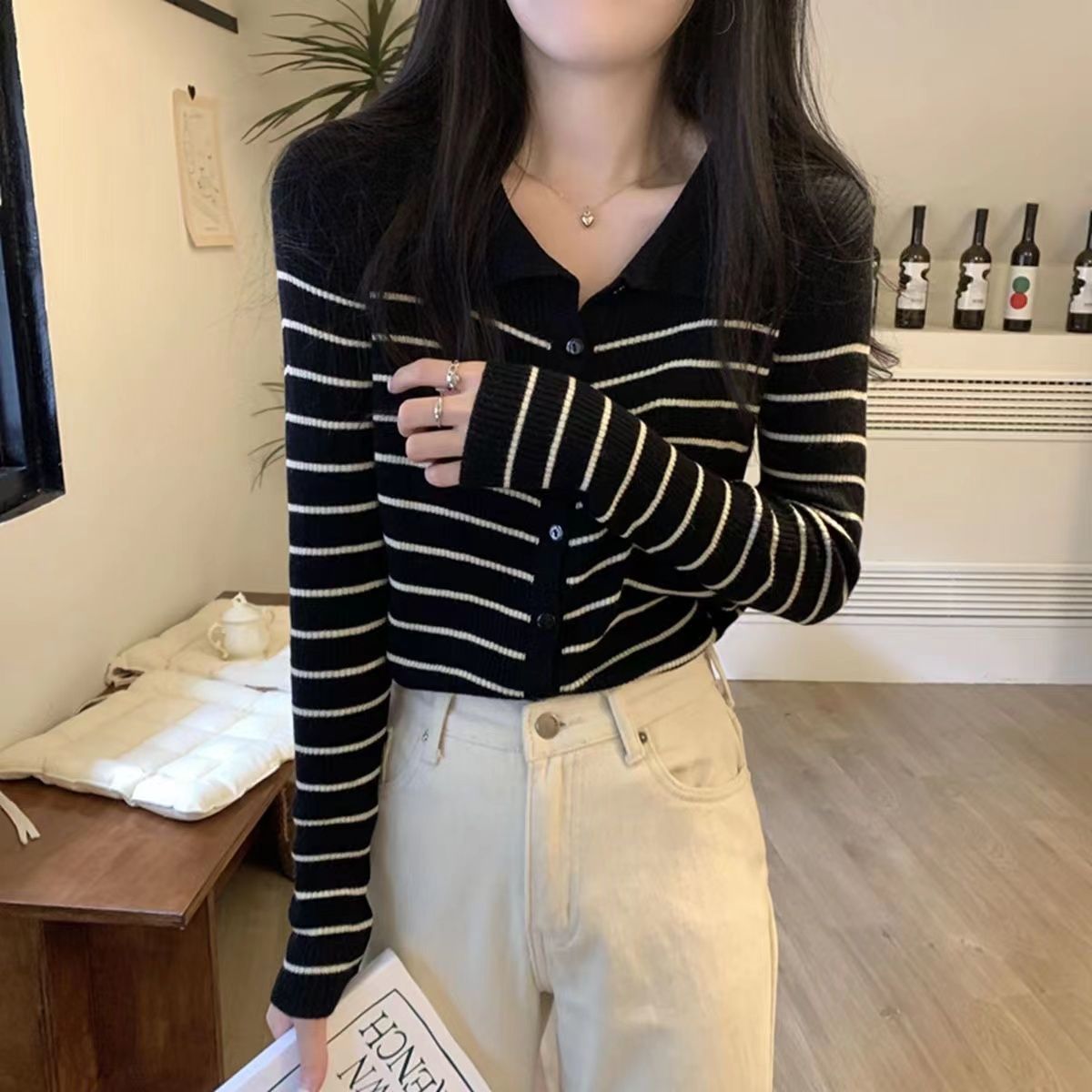 Black and white autumn striped Sweater