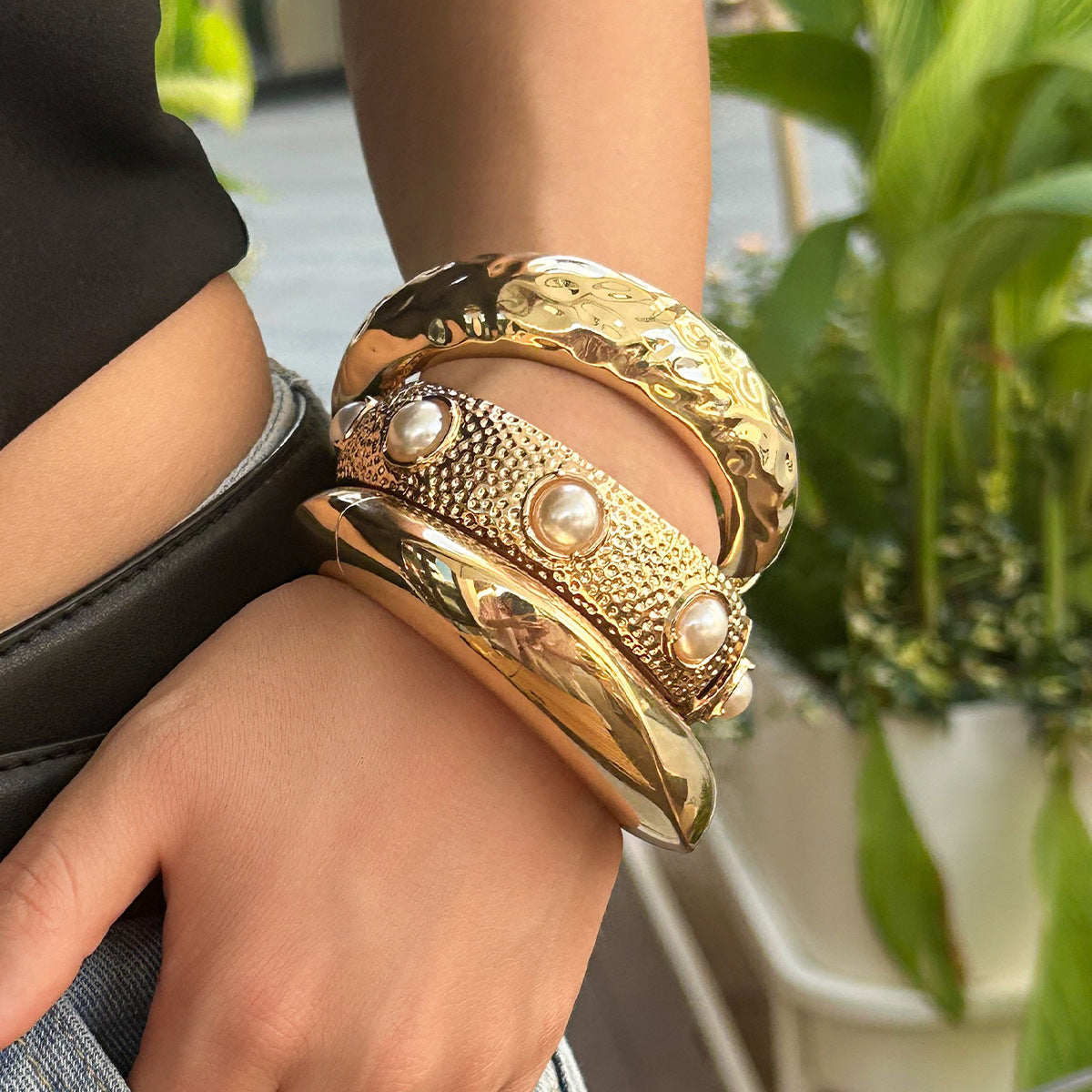 Golden Pleated Wide Cuff Bracelet